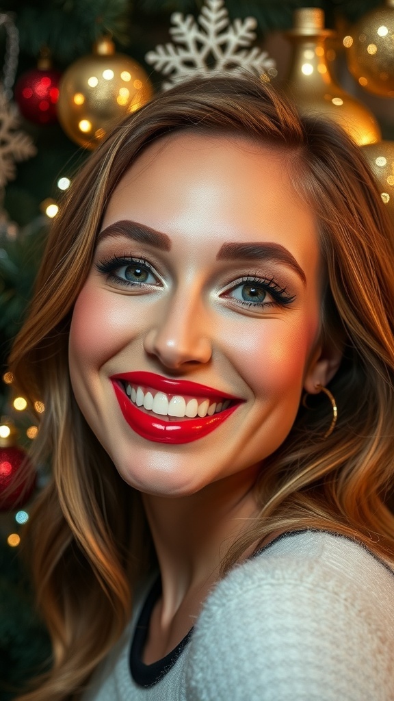 A close-up of a festive Christmas makeup look with shimmering eyes and red lipstick, set against a backdrop of holiday decorations.